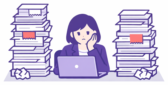 書類の山に囲まれてPCに向かう担当者のイラスト